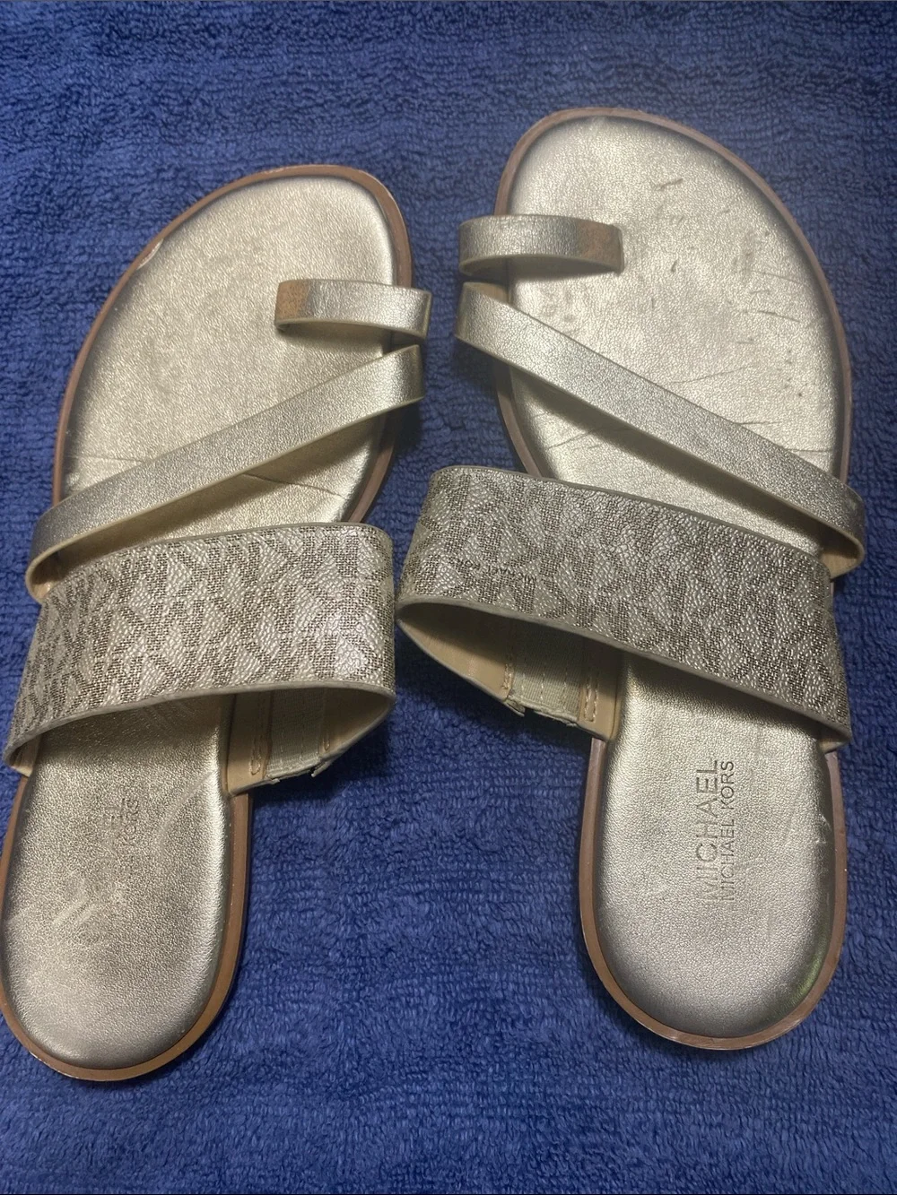 Michael Kors MK Gold Strappy Slide Sandals - Women's Casual Slip-On 7M